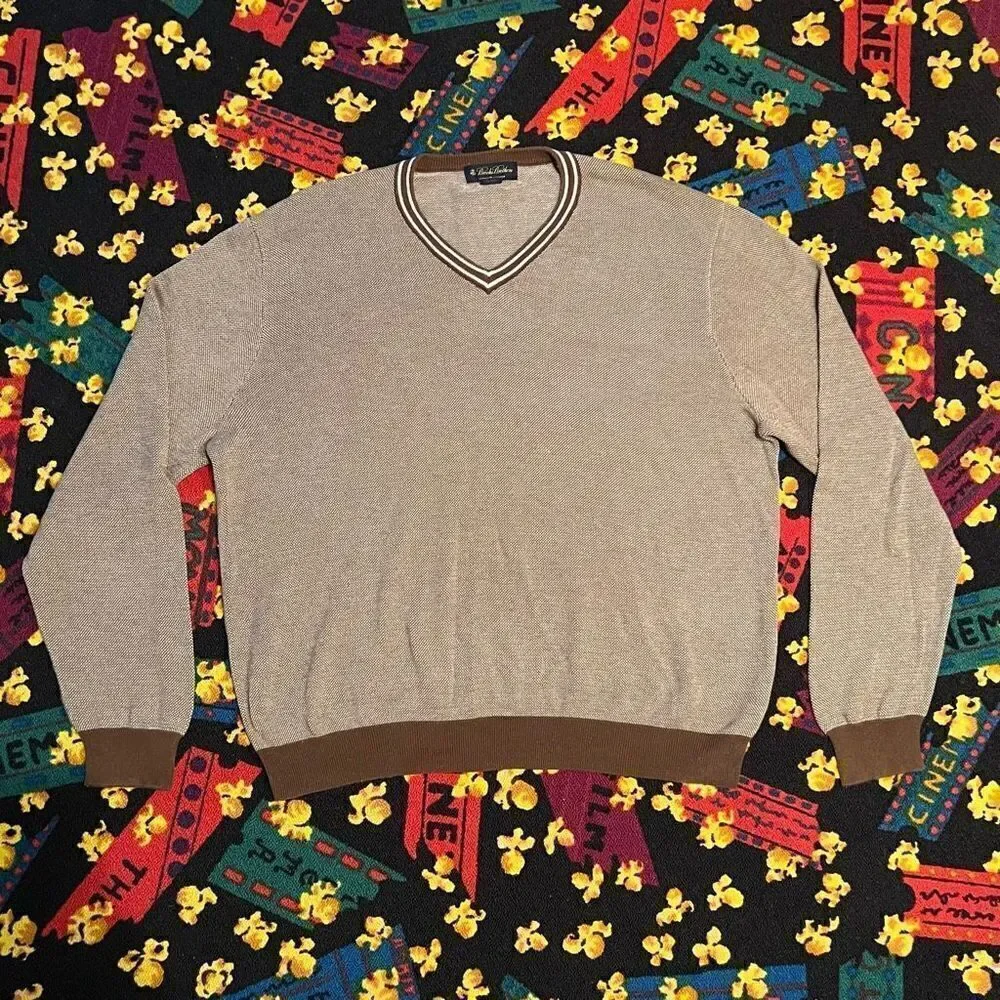 Mens BROOKS BROTHERS Tan Supima Cotton V-Neck Sweater / Size XL